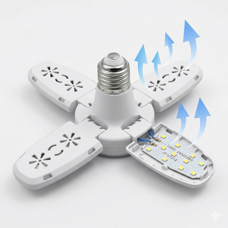 Lâmpada LED dobrável em forma de ventilador.